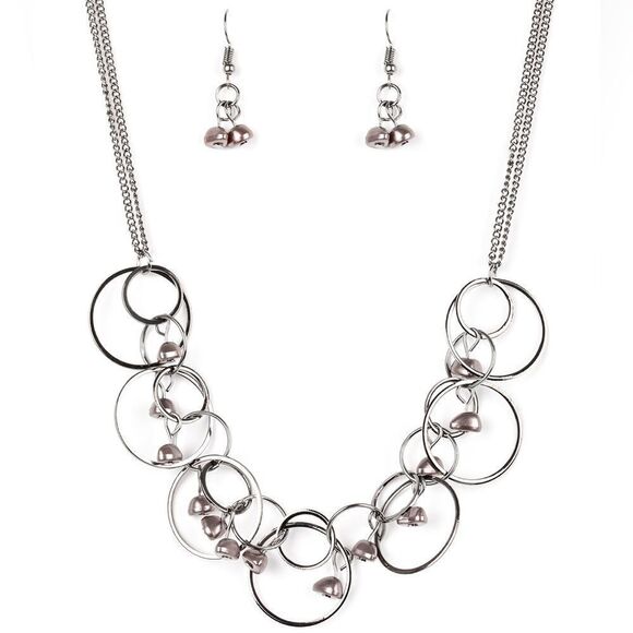 Set!! Gun metal color necklace with dark grey pearl stones - Picture 2 of 3